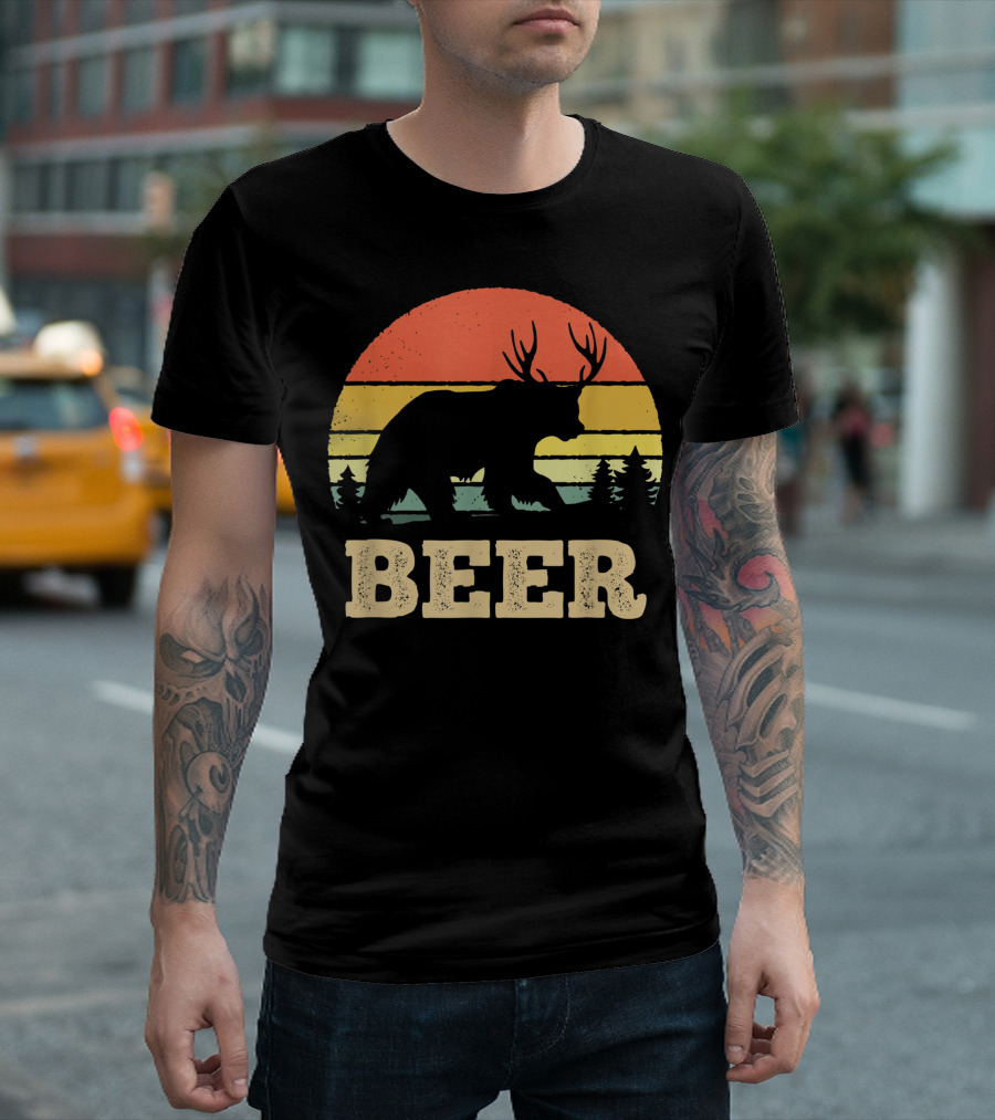 Beer Bear Deer Vintage Sunset Retro Forest T-Shirt