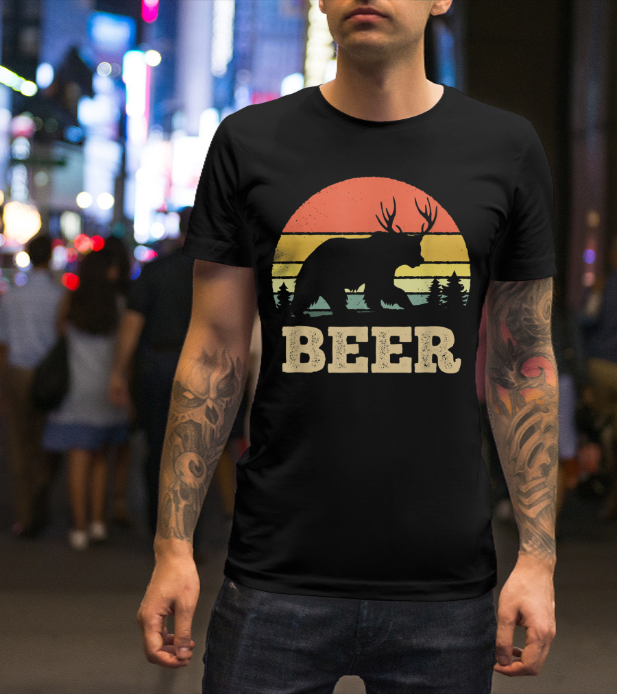 Beer Bear Deer Vintage Sunset Retro Forest T-Shirt