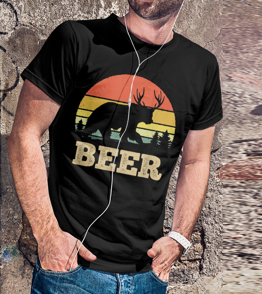 Beer Bear Deer Vintage Sunset Retro Forest T-Shirt