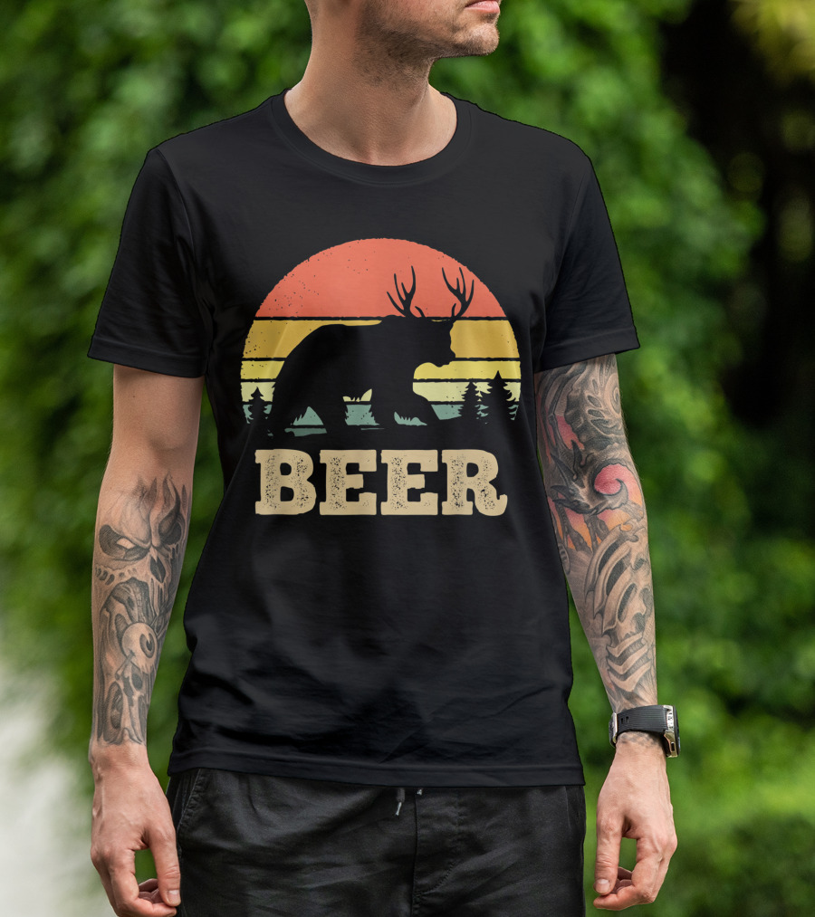 Beer Bear Deer Vintage Sunset Retro Forest T-Shirt
