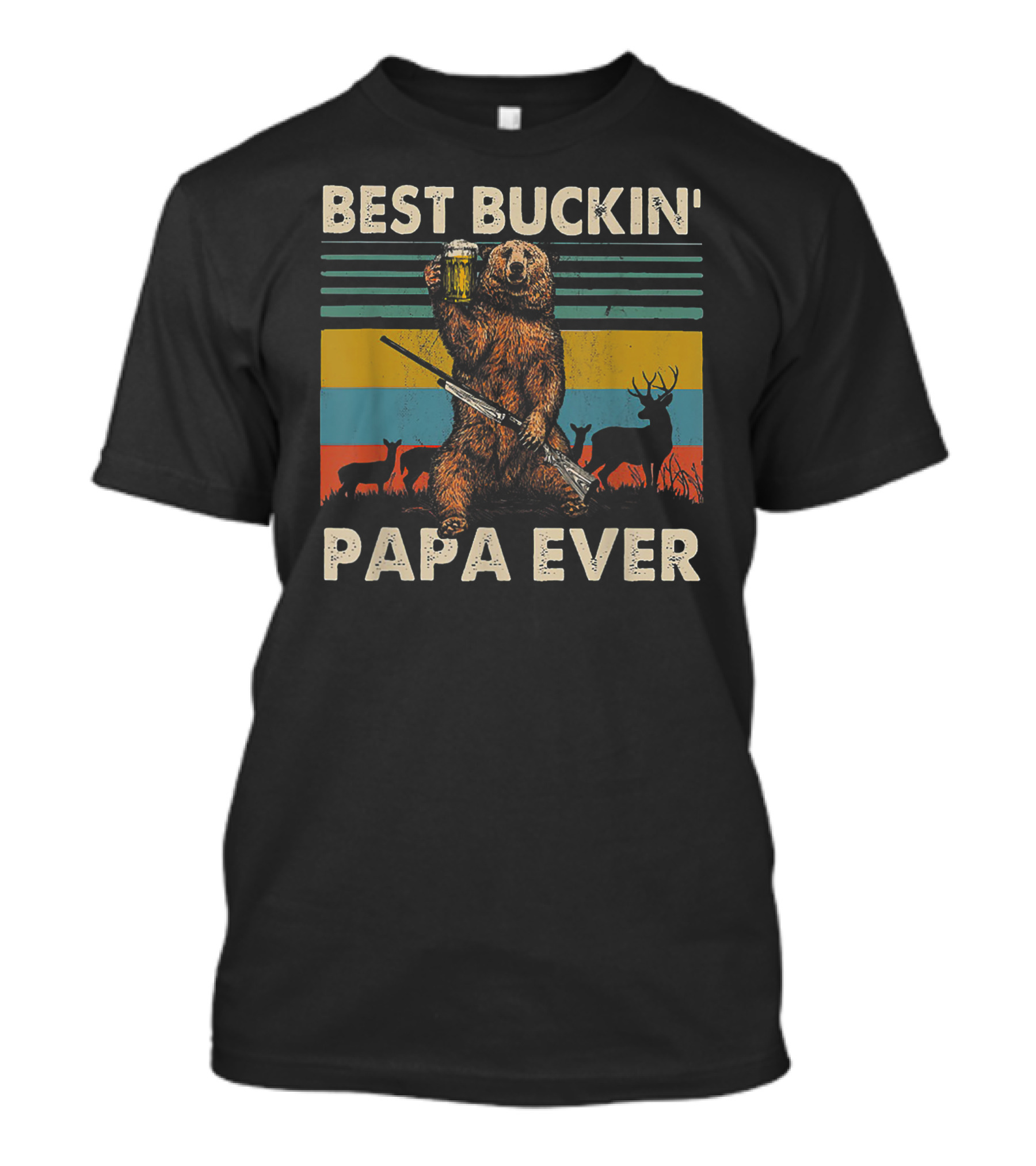Best Buckin' Papa Ever Bear With Rifle And Deer T-Shirt