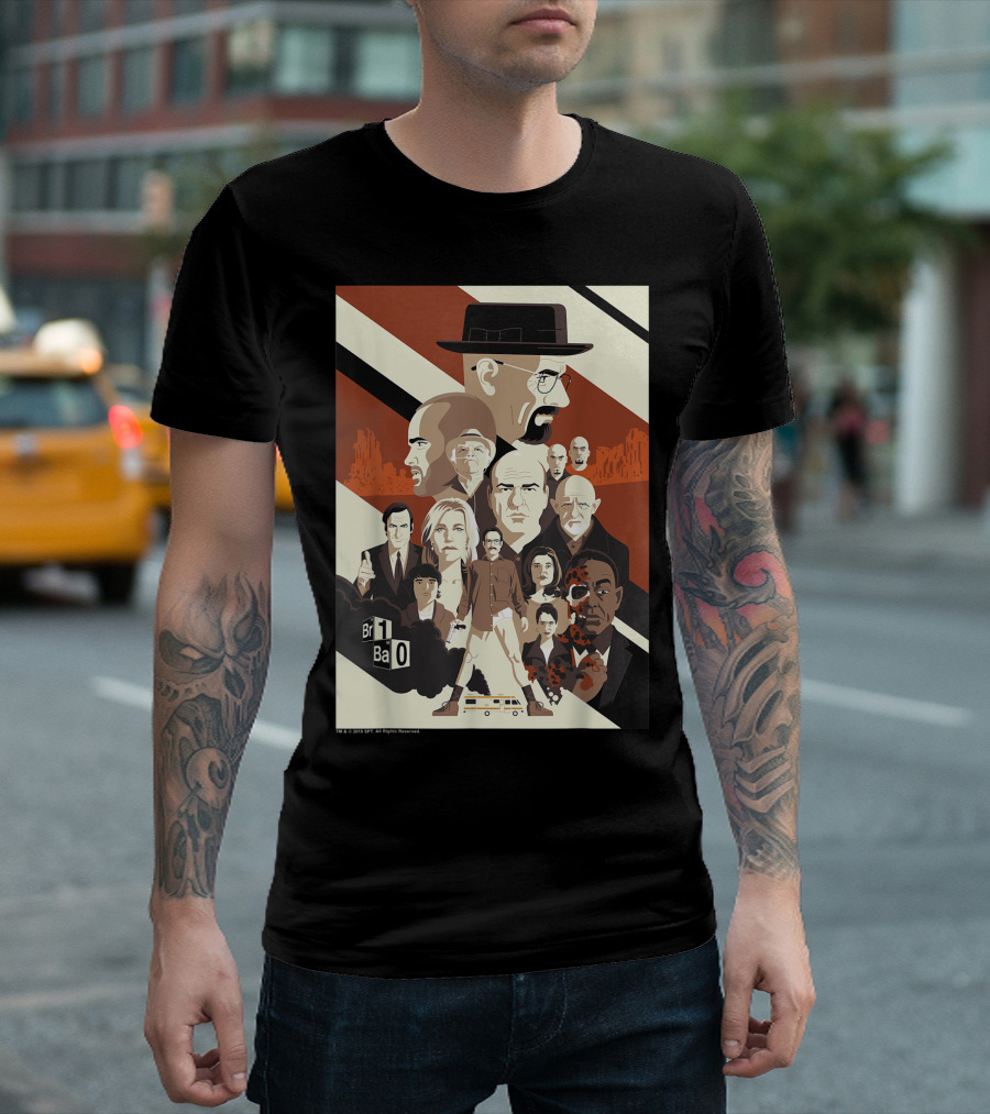 Breaking Bad 10th Anniversary Br Ba Character Collage with Iconic Figures and RV Scene T-Shirt