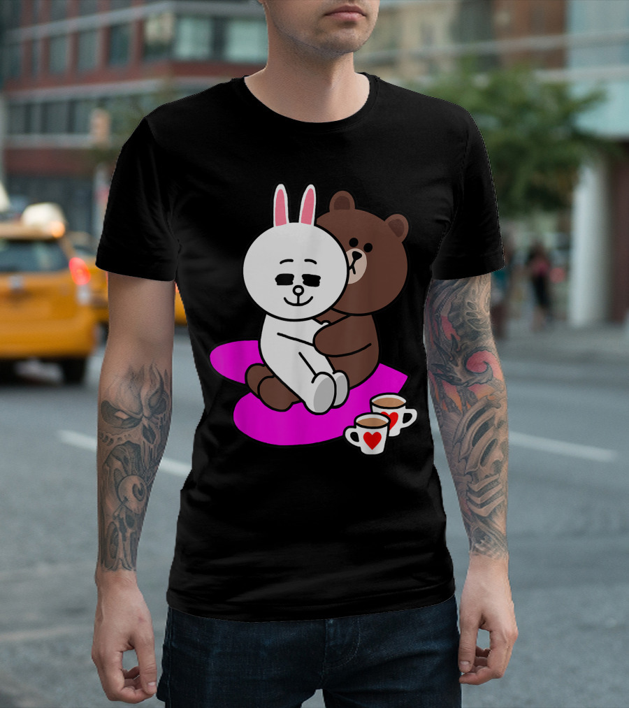 Brown Bear Cony Bunny Rabbit Two Hearts and Tea Cups Valentine's Day T-Shirt