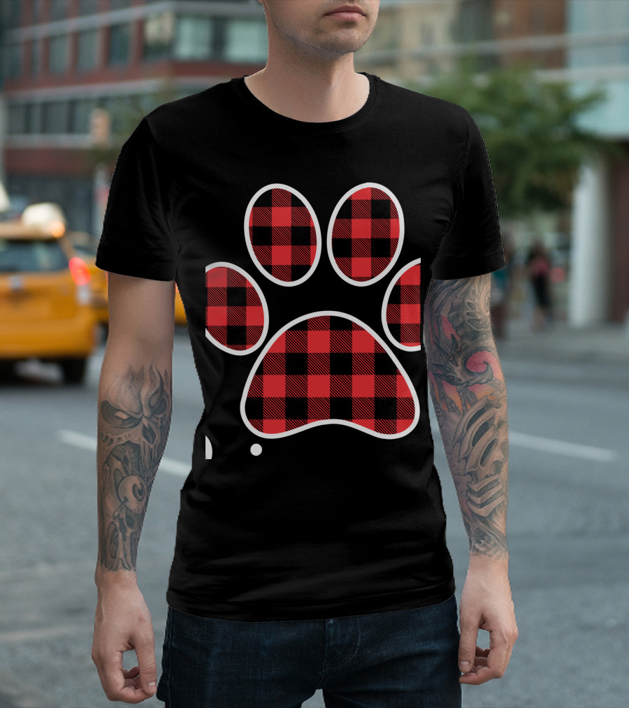 Buffalo Plaid Paw Print Christmas Hat Santa T-Shirt