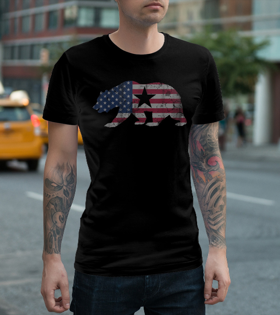 California Republic Bear American Flag Stars and Stripes 4th of July T-Shirt