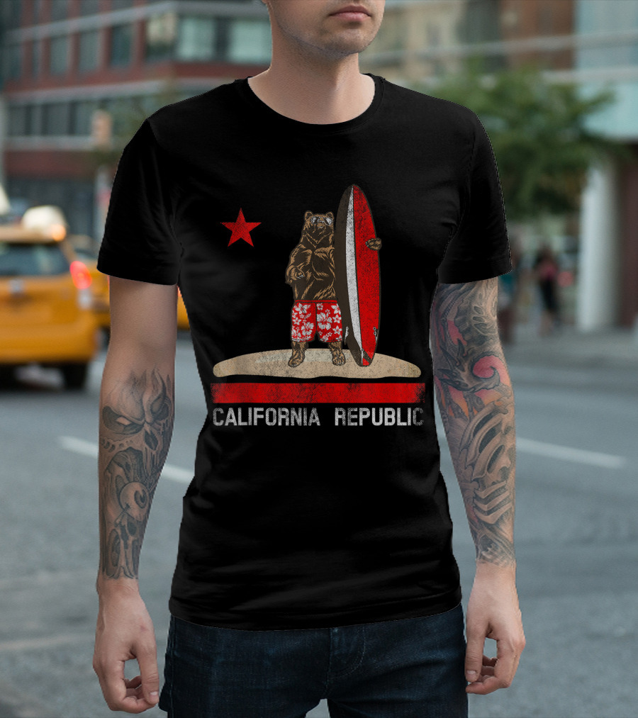 California Republic Surfer Bear With Surfboard And Red Star T-Shirt