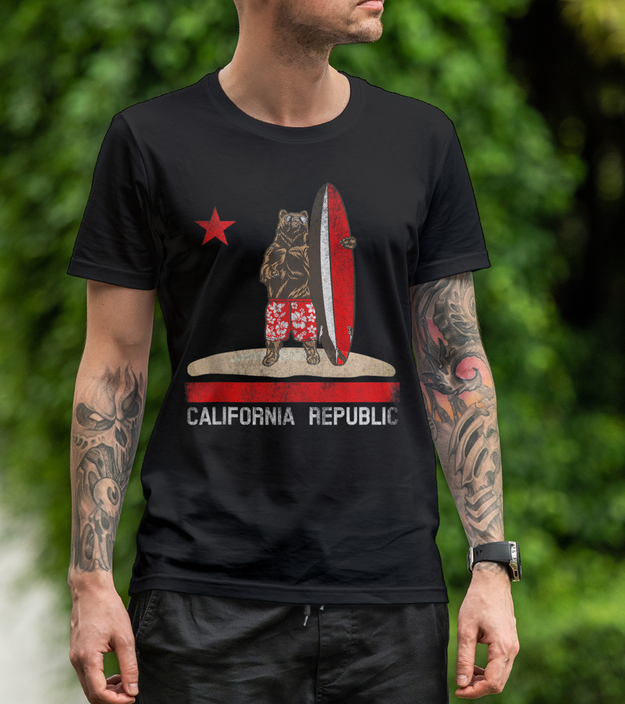 California Republic Surfer Bear With Surfboard And Red Star T-Shirt