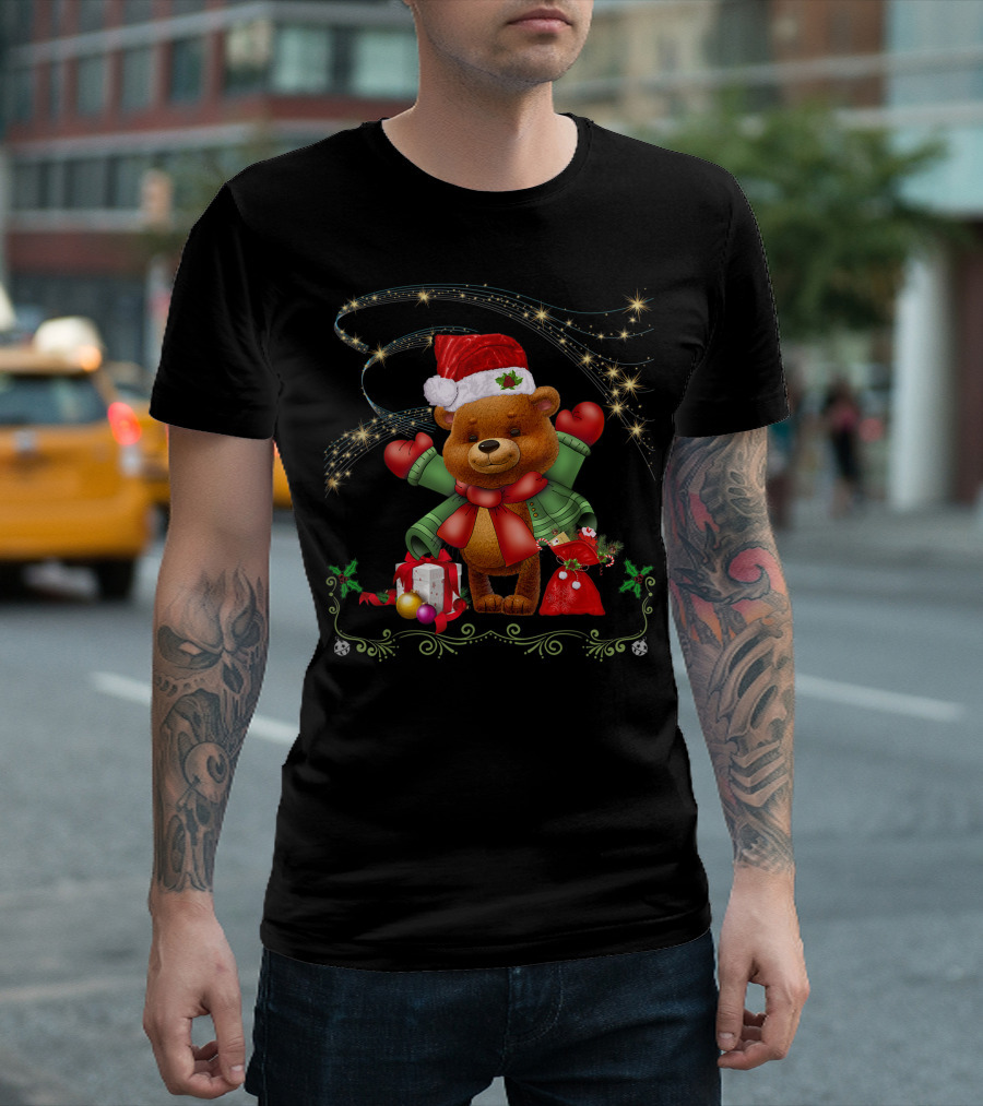 Christmas Teddy Bear Holiday Santa Hat Gifts Sparkling Stars T-Shirt