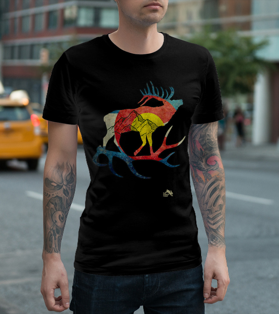 Colorado Elk With Rockies And Flag Elements T-Shirt