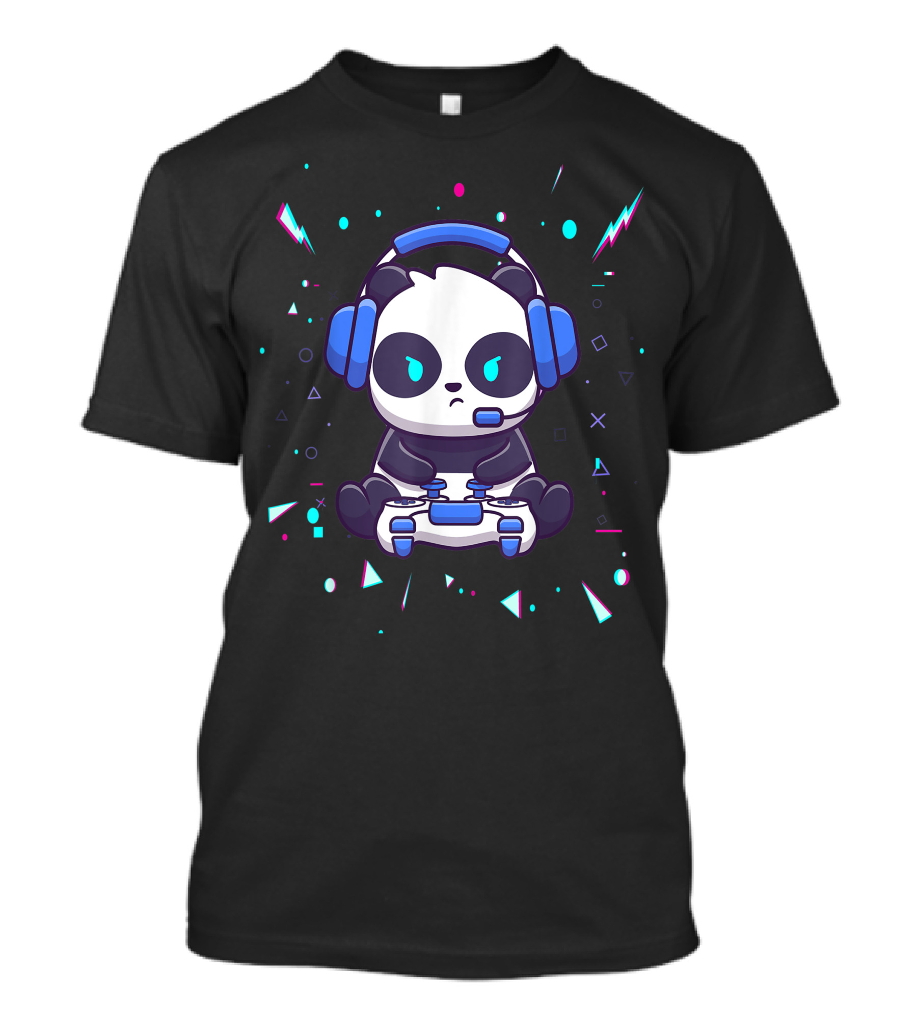 Cool Panda Gamer With Headset And Video Game Controller Surrounded By Neon Shapes T-Shirt