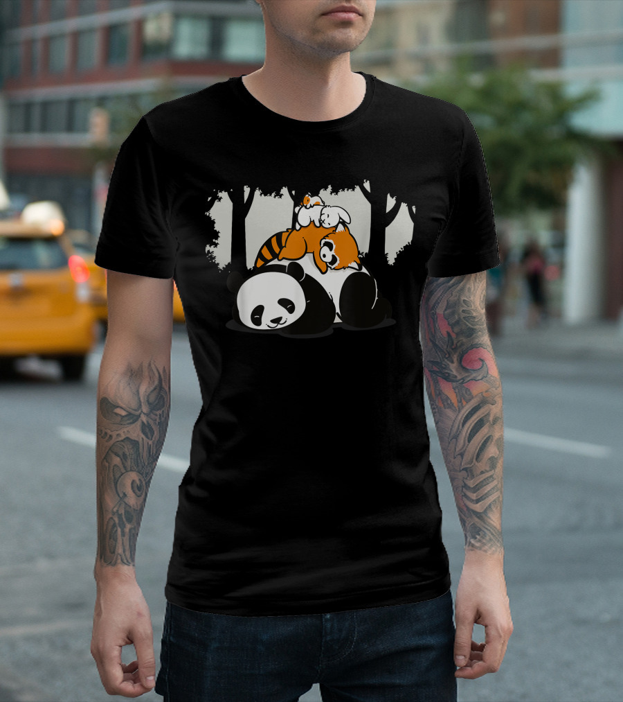 Cute and Classic Comfy Panda and Red Panda Resting in Forest T-Shirt