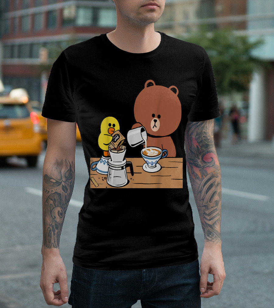 Cute Brown Bear and Duck Enjoy I Love Coffee Moment T-Shirt