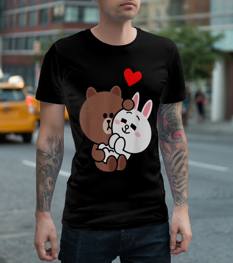 Cute Brown Bear Cony Bunny Rabbit Love Me Tenderly Romantic Hearts T-Shirt