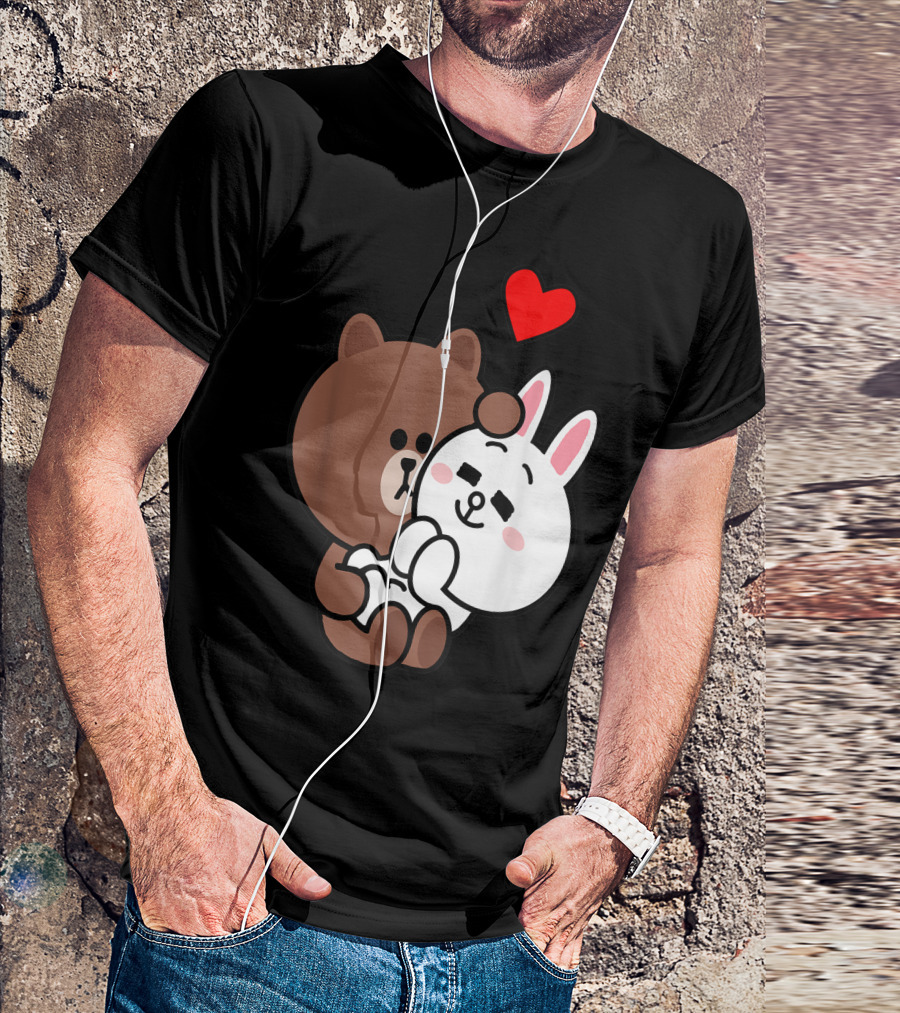 Cute Brown Bear Cony Bunny Rabbit Love Me Tenderly Romantic Hearts T-Shirt