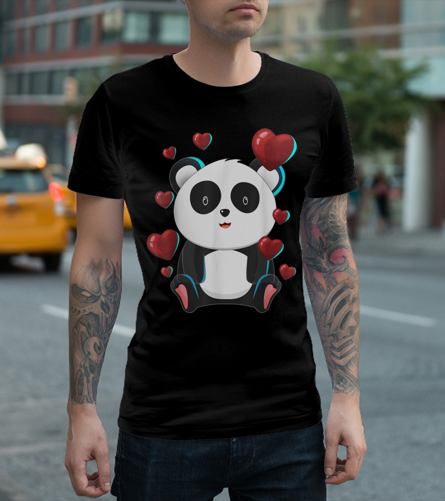 Cute Panda Bear Surrounded By Valentines Day Love Hearts T-Shirt