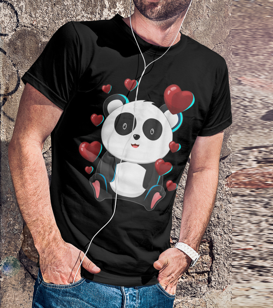 Cute Panda Bear Surrounded By Valentines Day Love Hearts T-Shirt
