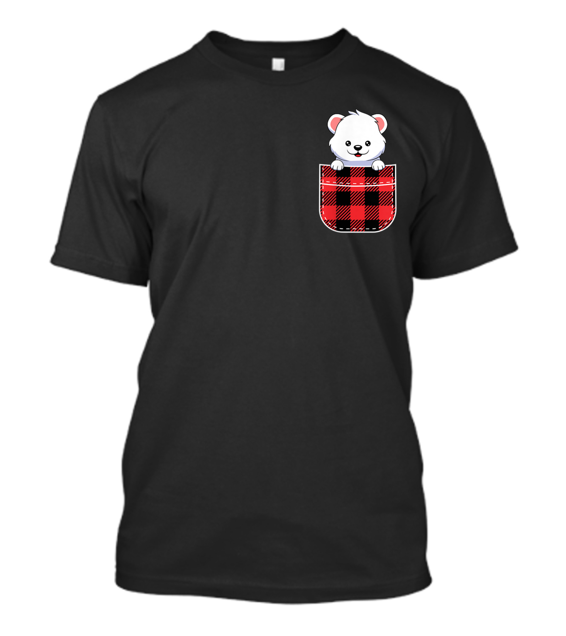Cute Polar Bear Peeking From Buffalo Plaid Pocket T-Shirt