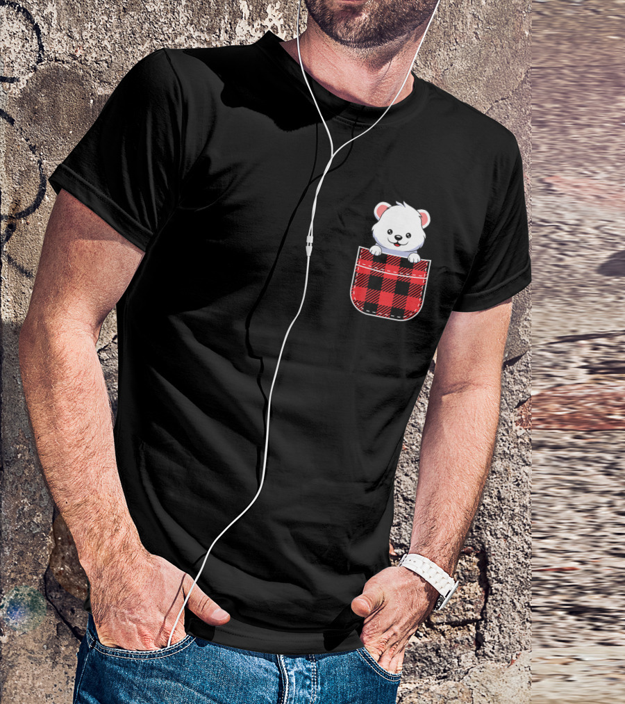 Cute Polar Bear Peeking From Buffalo Plaid Pocket T-Shirt