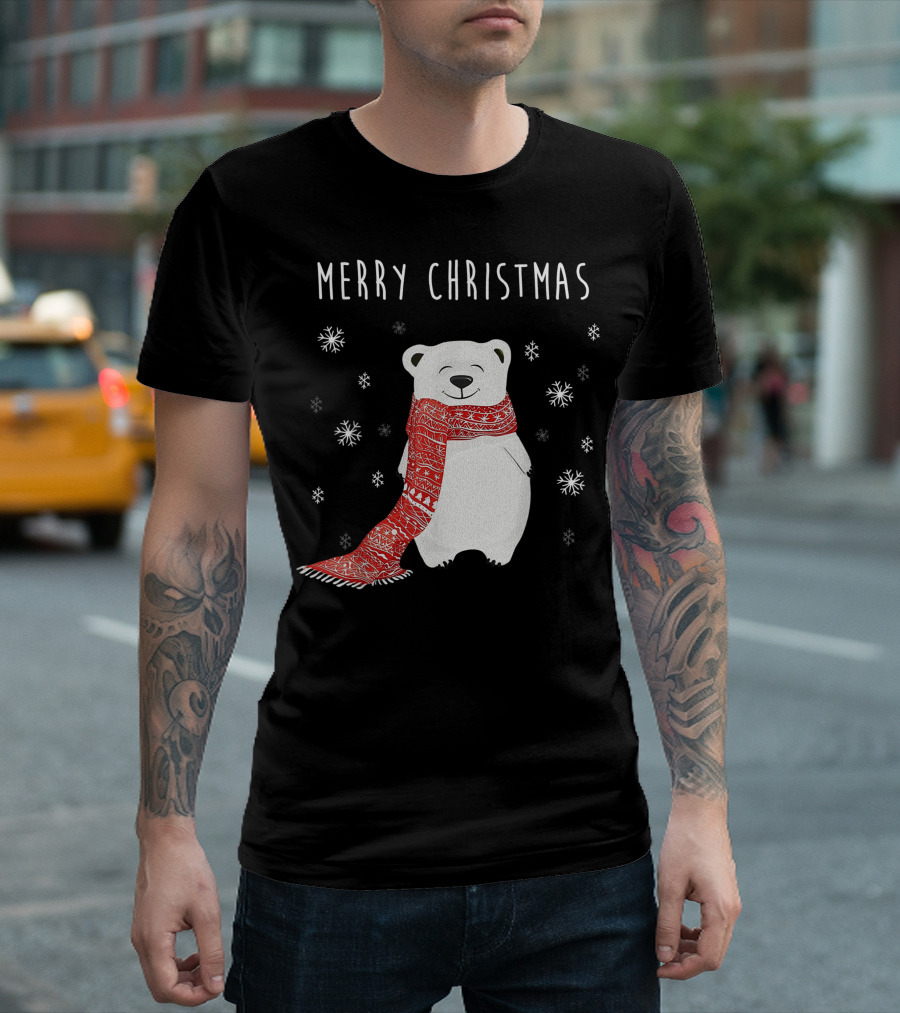 Merry Christmas Cute Polar Bear Scarf Xmas Holidays T-Shirt