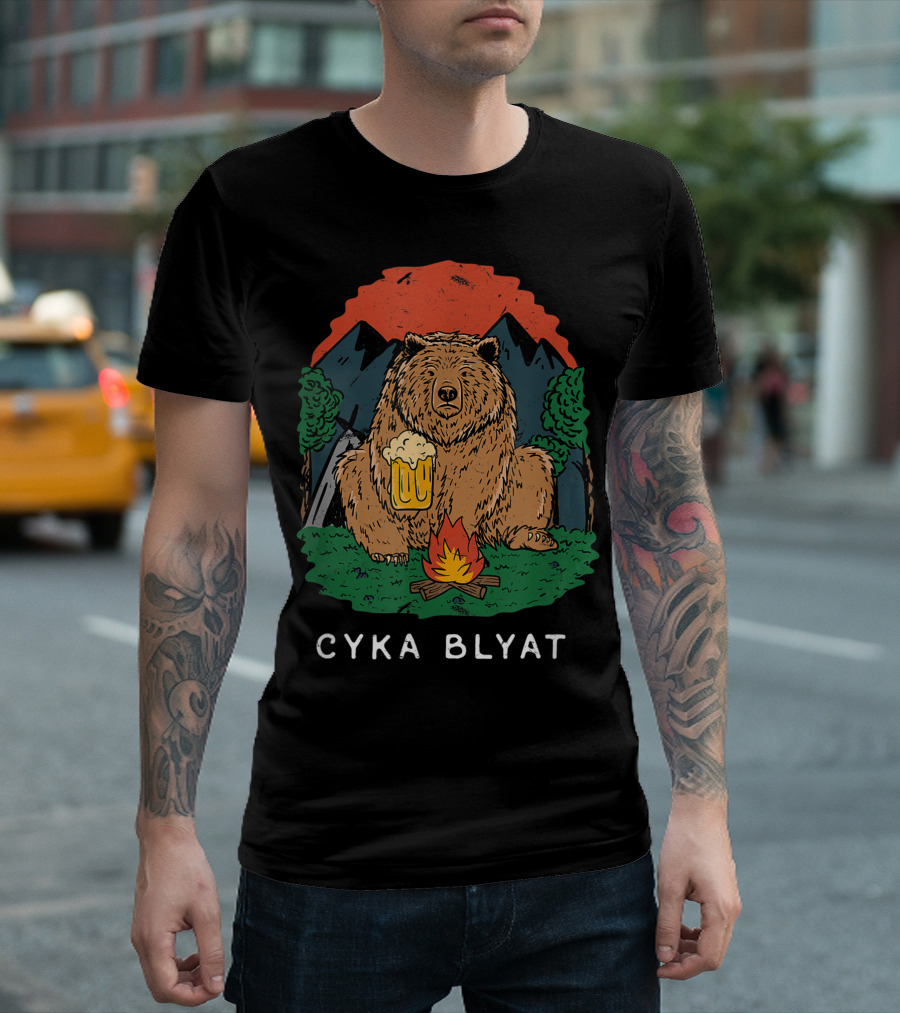 Cyka Blyat Russian Bear With Beer And Campfire Mountain Scene T-Shirt