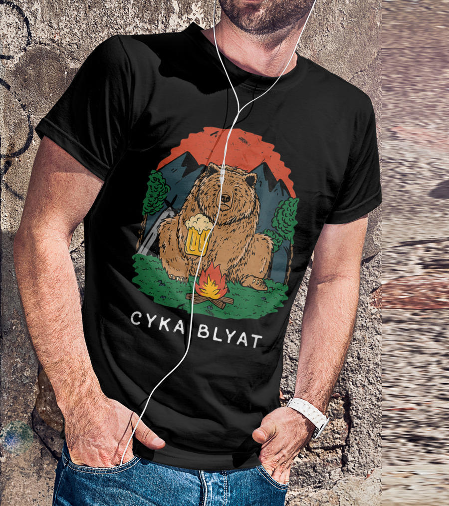 Cyka Blyat Russian Bear With Beer And Campfire Mountain Scene T-Shirt