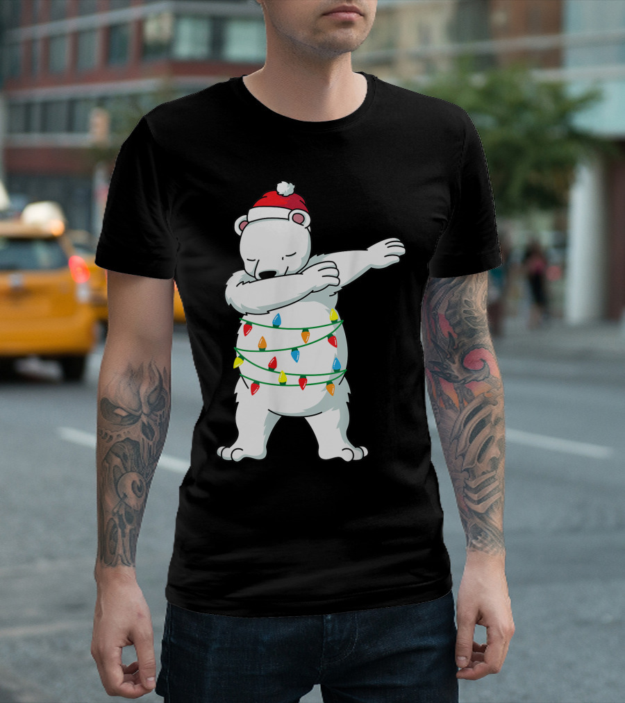Dabbing Polar Bear with Christmas Lights and Santa Hat T-Shirt