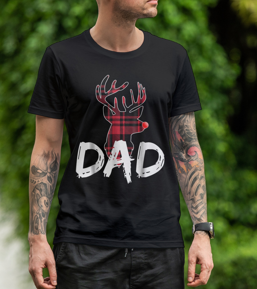 Dad Family Matching Christmas Plaid Red Nose Deer T-Shirt