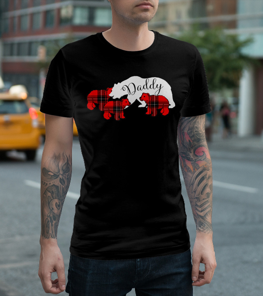 Daddy Bear Three Cub Red Plaid Dad Family T-Shirt