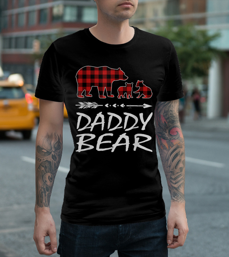 Daddy Bear Two Cubs Red Plaid Arrows T-Shirt