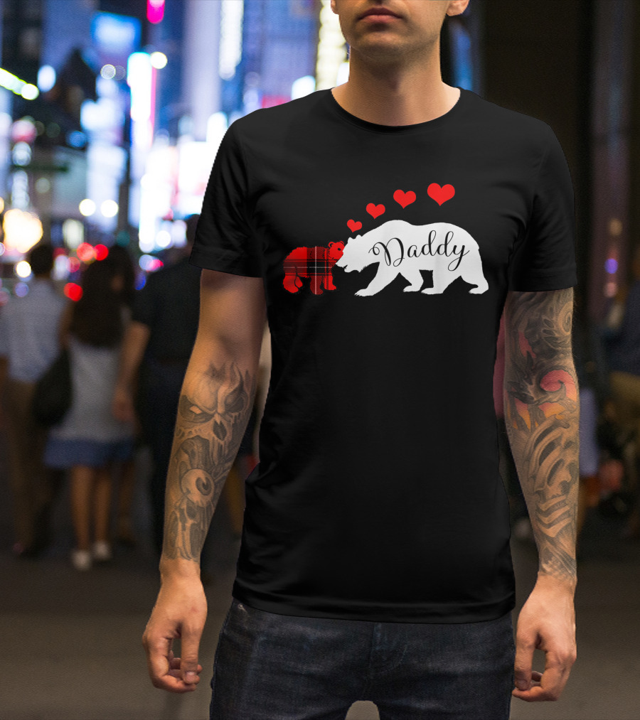 Daddy Bear Buffalo Plaid Cub Dad Valentines Day Hearts T-Shirt