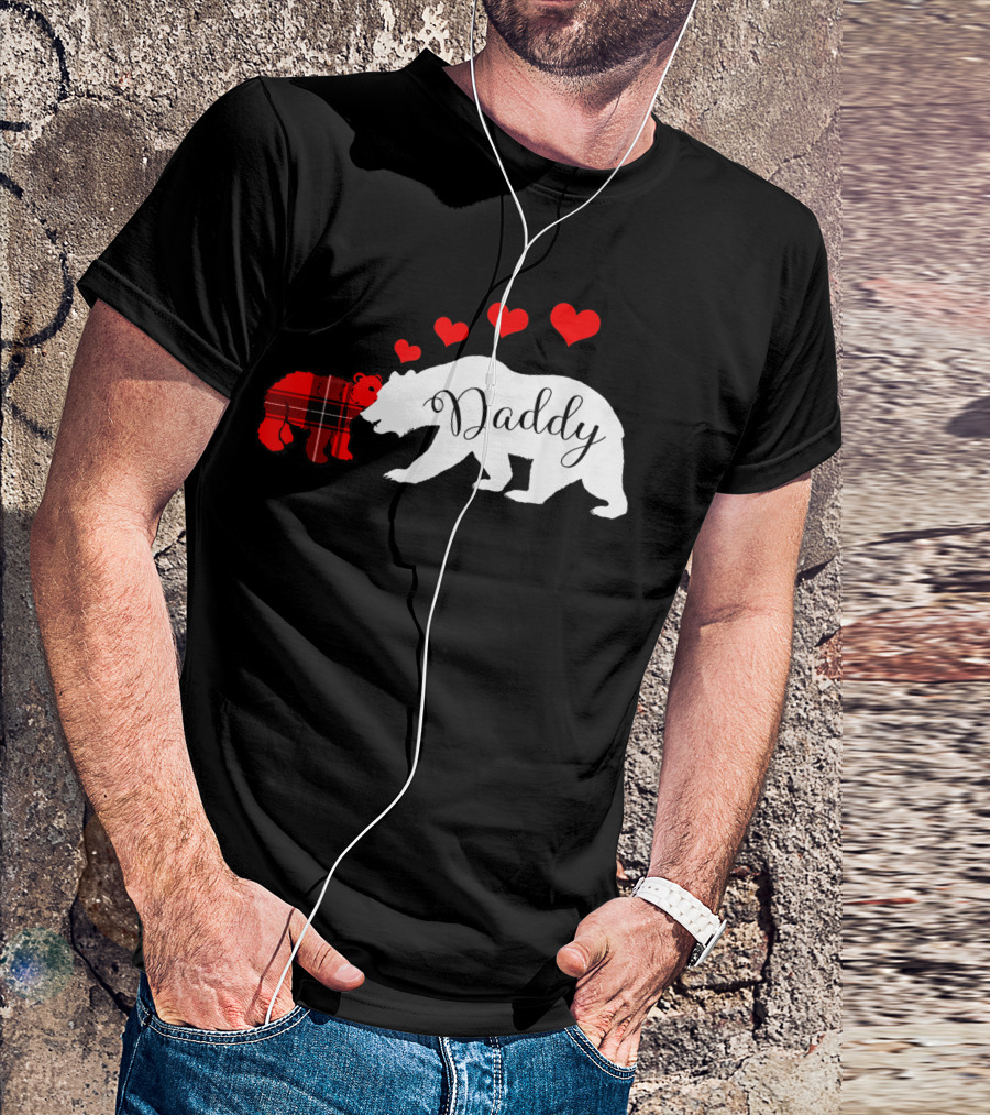 Daddy Bear Buffalo Plaid Cub Dad Valentines Day Hearts T-Shirt