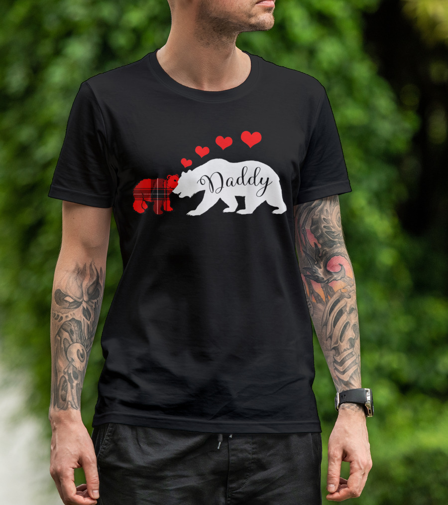 Daddy Bear Buffalo Plaid Cub Dad Valentines Day Hearts T-Shirt