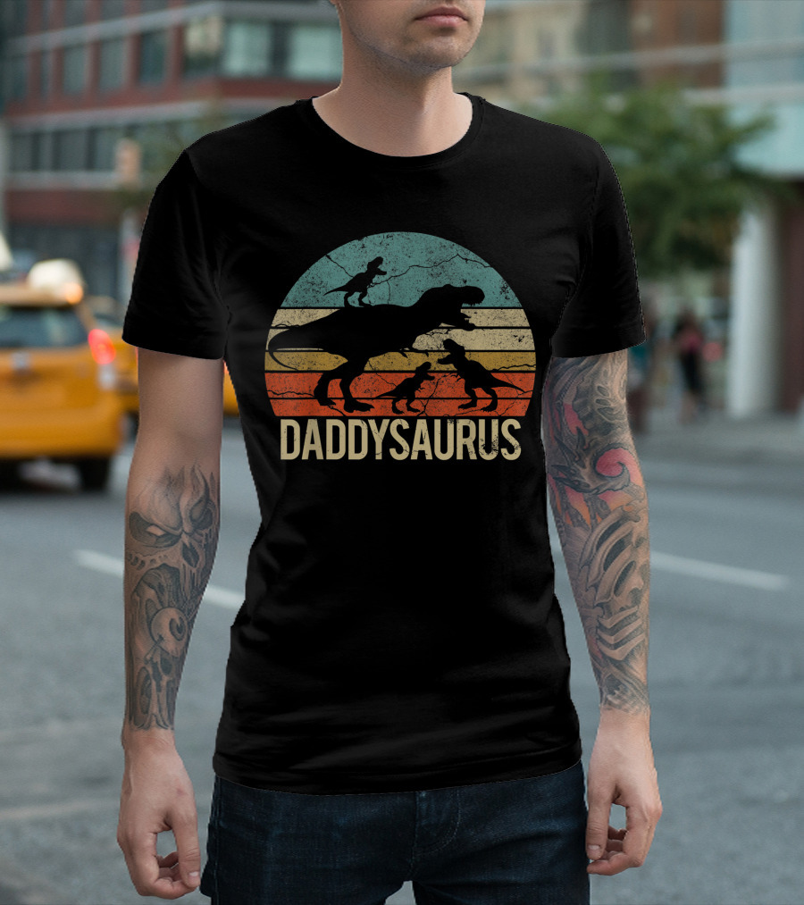 Daddysaurus Daddy Dinosaur Retro Sunset T-Shirt