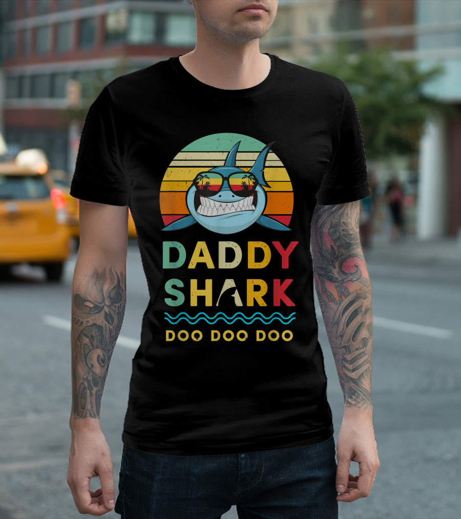Daddy Shark Doo Doo Doo Retro Sunglasses Sunset Stripes T-Shirt