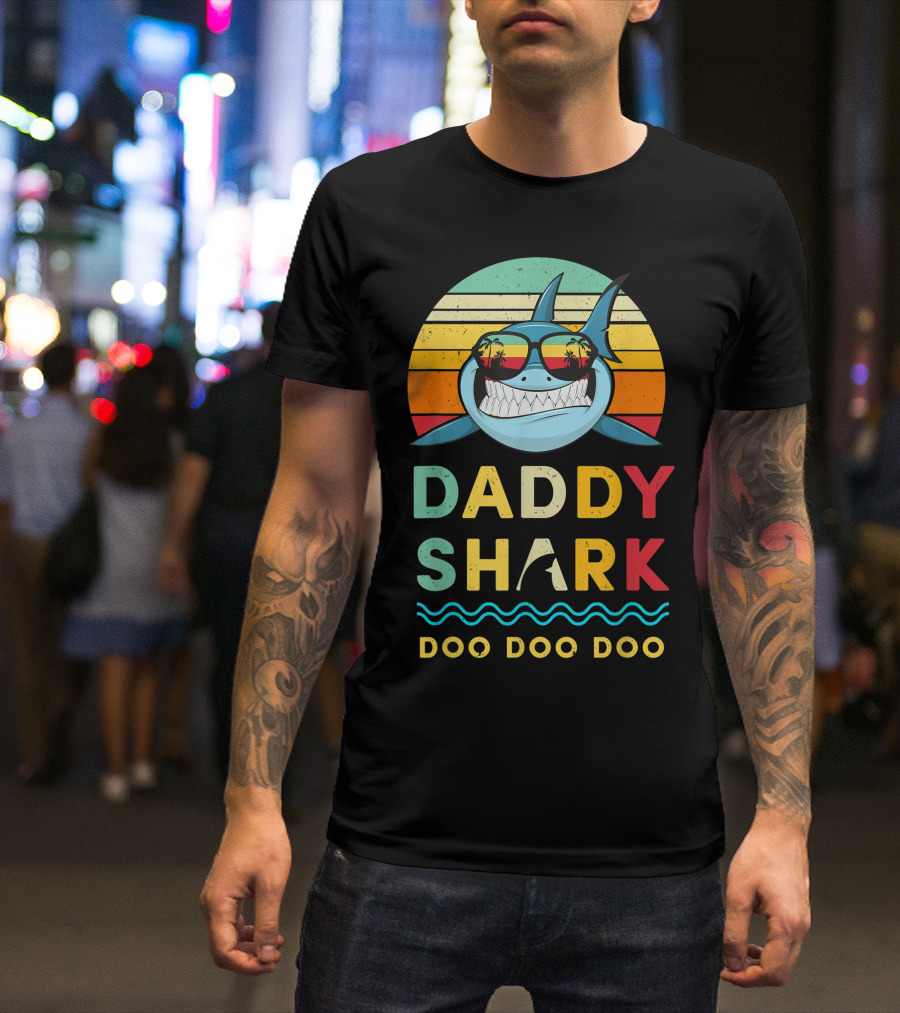 Daddy Shark Doo Doo Doo Retro Sunglasses Sunset Stripes T-Shirt