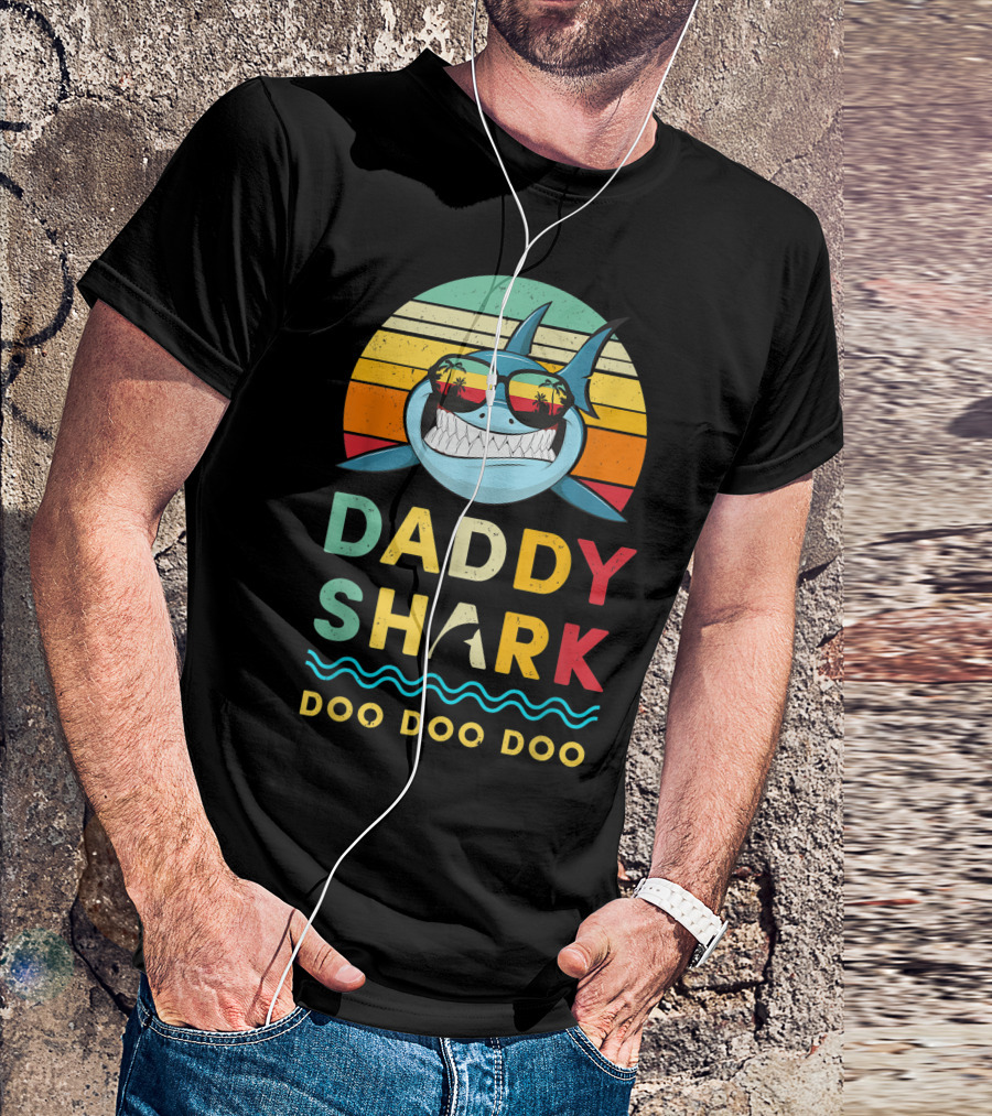 Daddy Shark Doo Doo Doo Retro Sunglasses Sunset Stripes T-Shirt