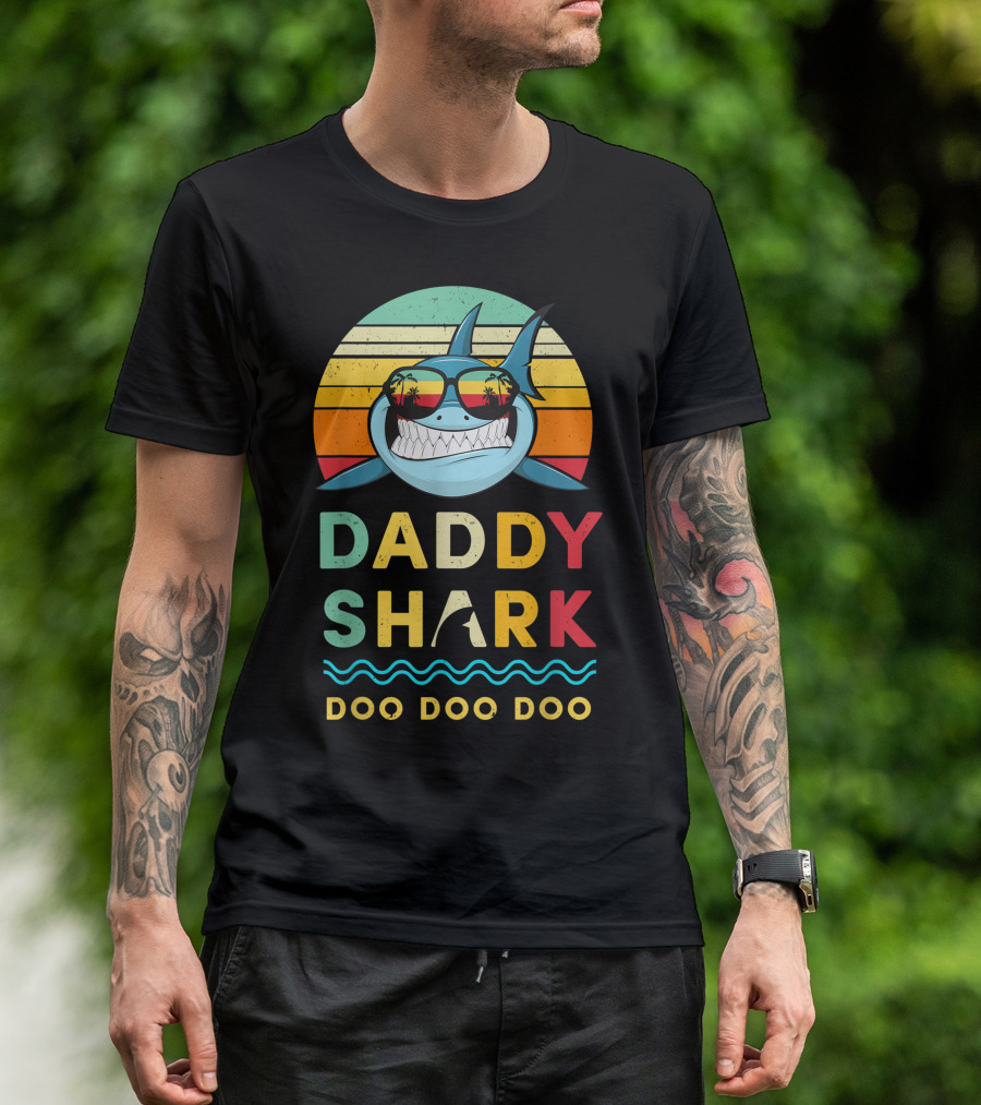 Daddy Shark Doo Doo Doo Retro Sunglasses Sunset Stripes T-Shirt