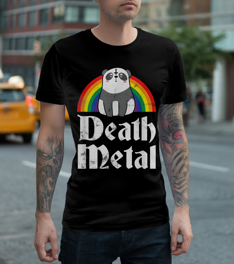 Death Metal Rainbow Panda With Satanic Goth Concert Aesthetic T-Shirt