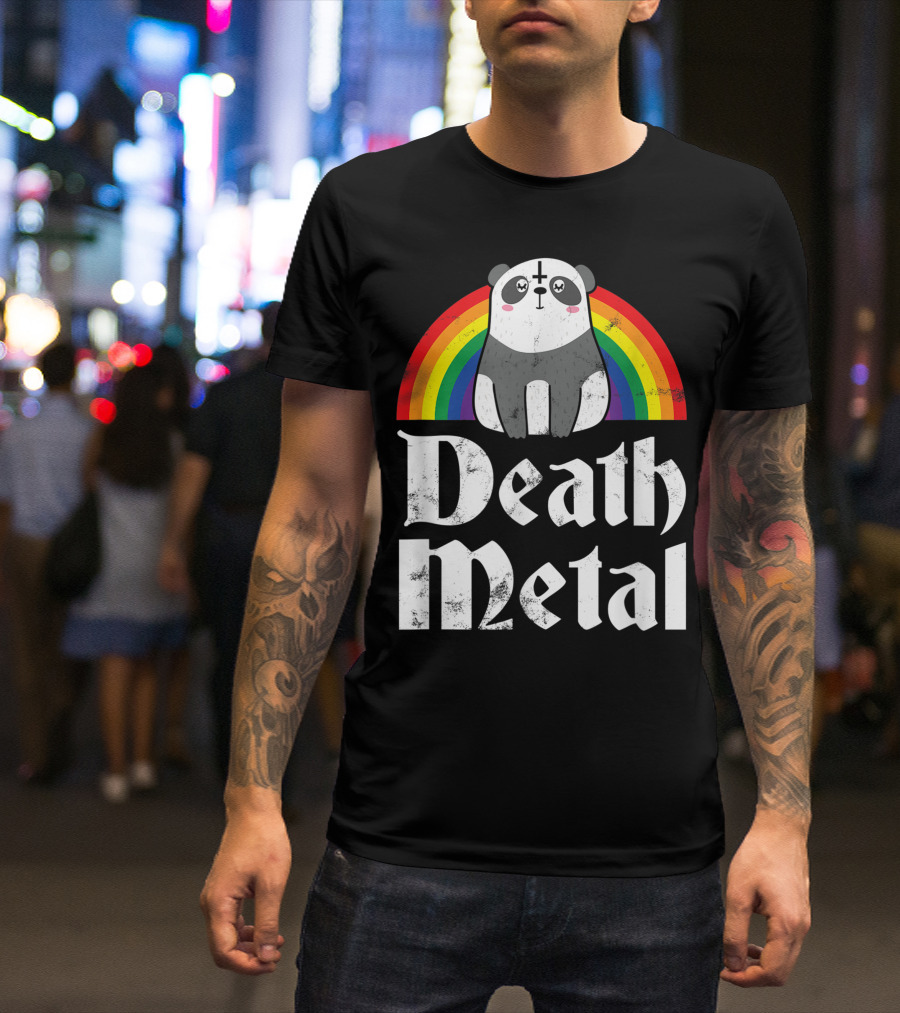 Death Metal Rainbow Panda With Satanic Goth Concert Aesthetic T-Shirt