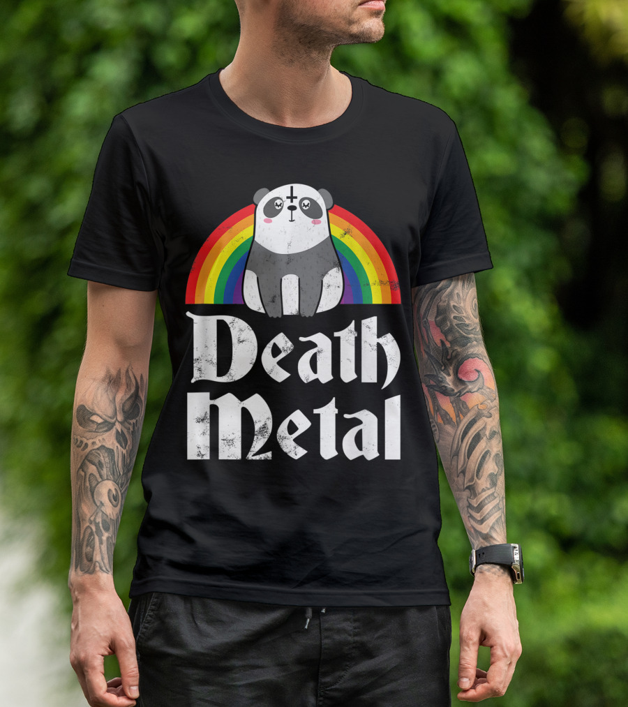 Death Metal Rainbow Panda With Satanic Goth Concert Aesthetic T-Shirt