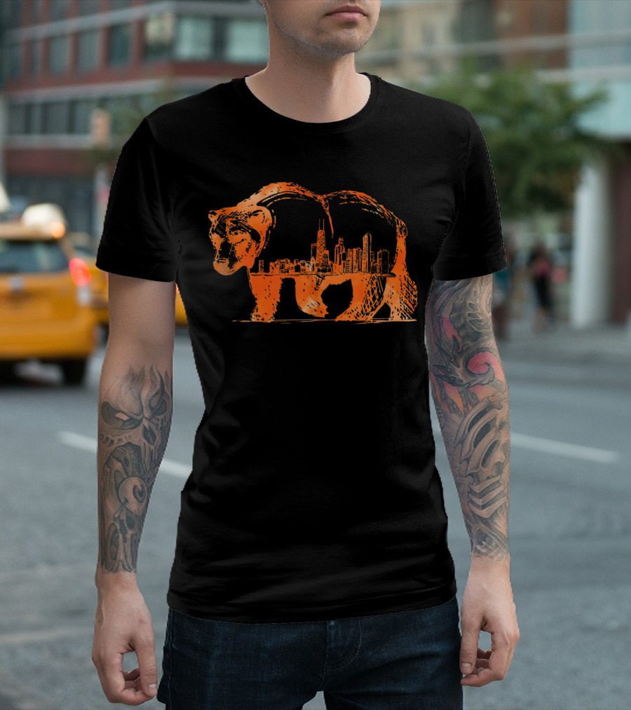 Downtown Chicago City Skyline Walking Bear T-Shirt