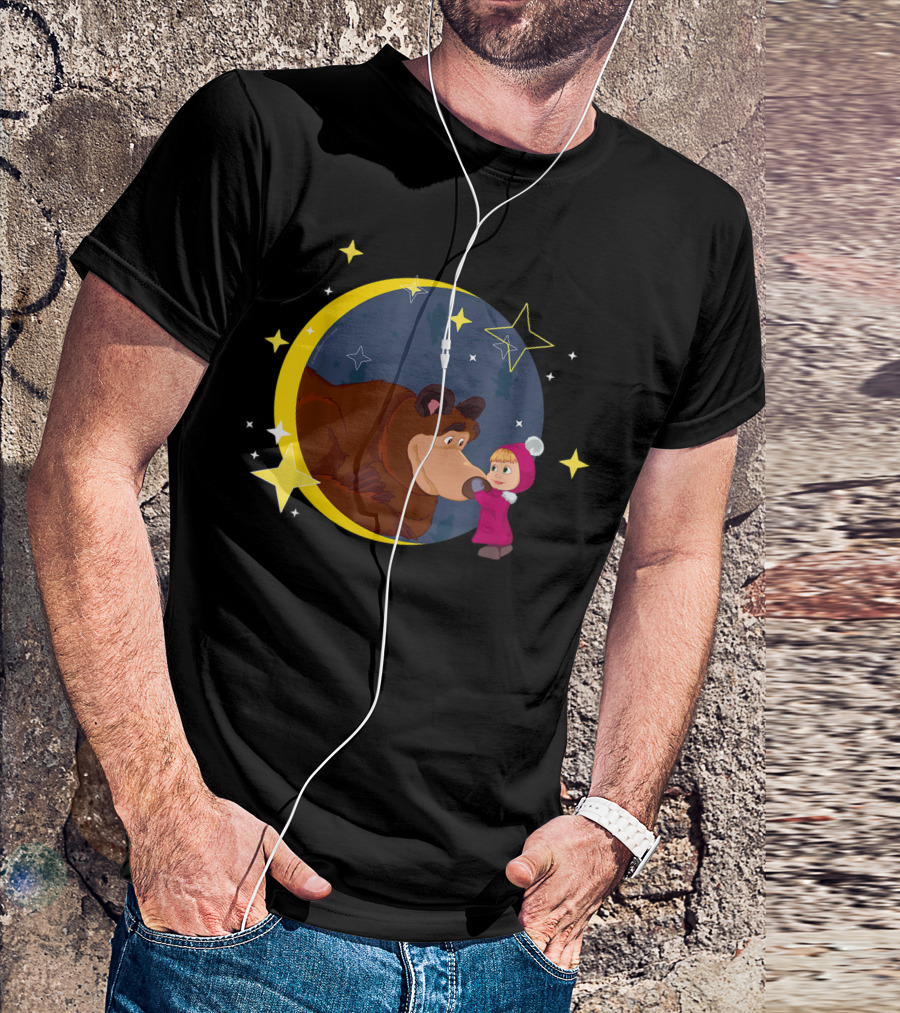 Moonlit Bear And Child Dreams With Stars T-Shirt