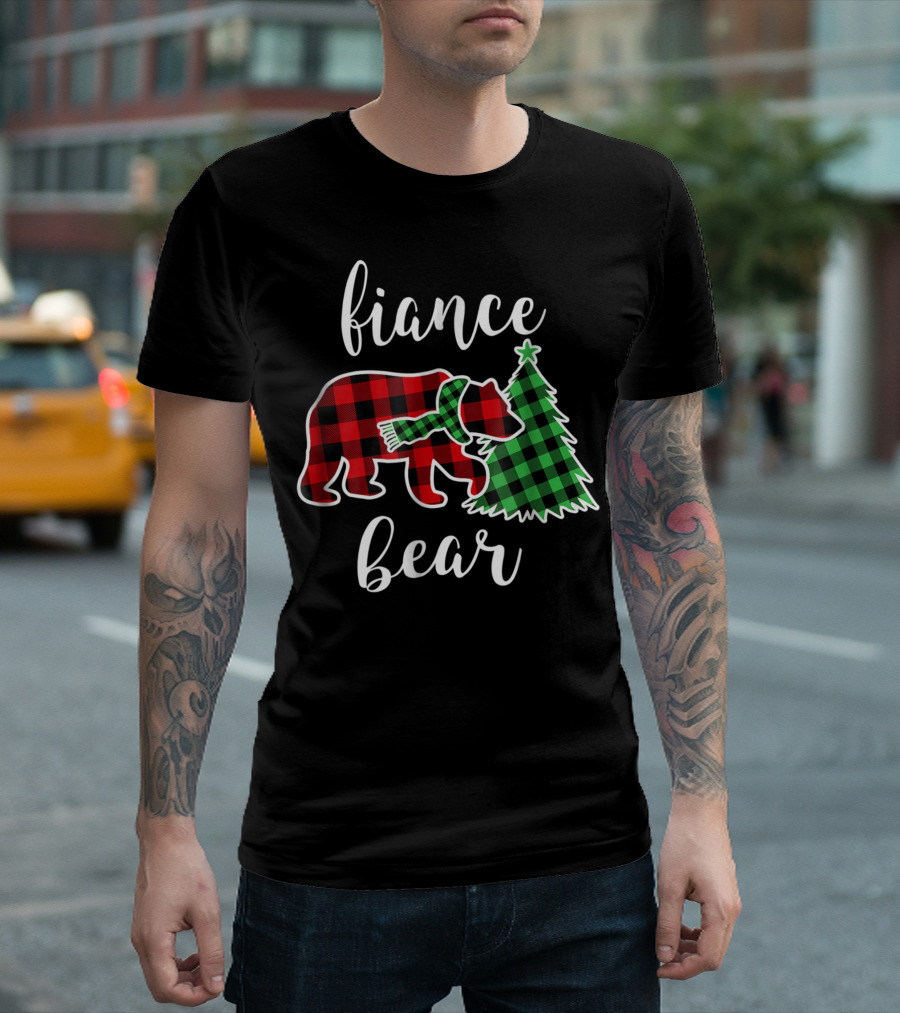 Fiance Bear Red Plaid Tree Scarf Engaged Couple T-Shirt