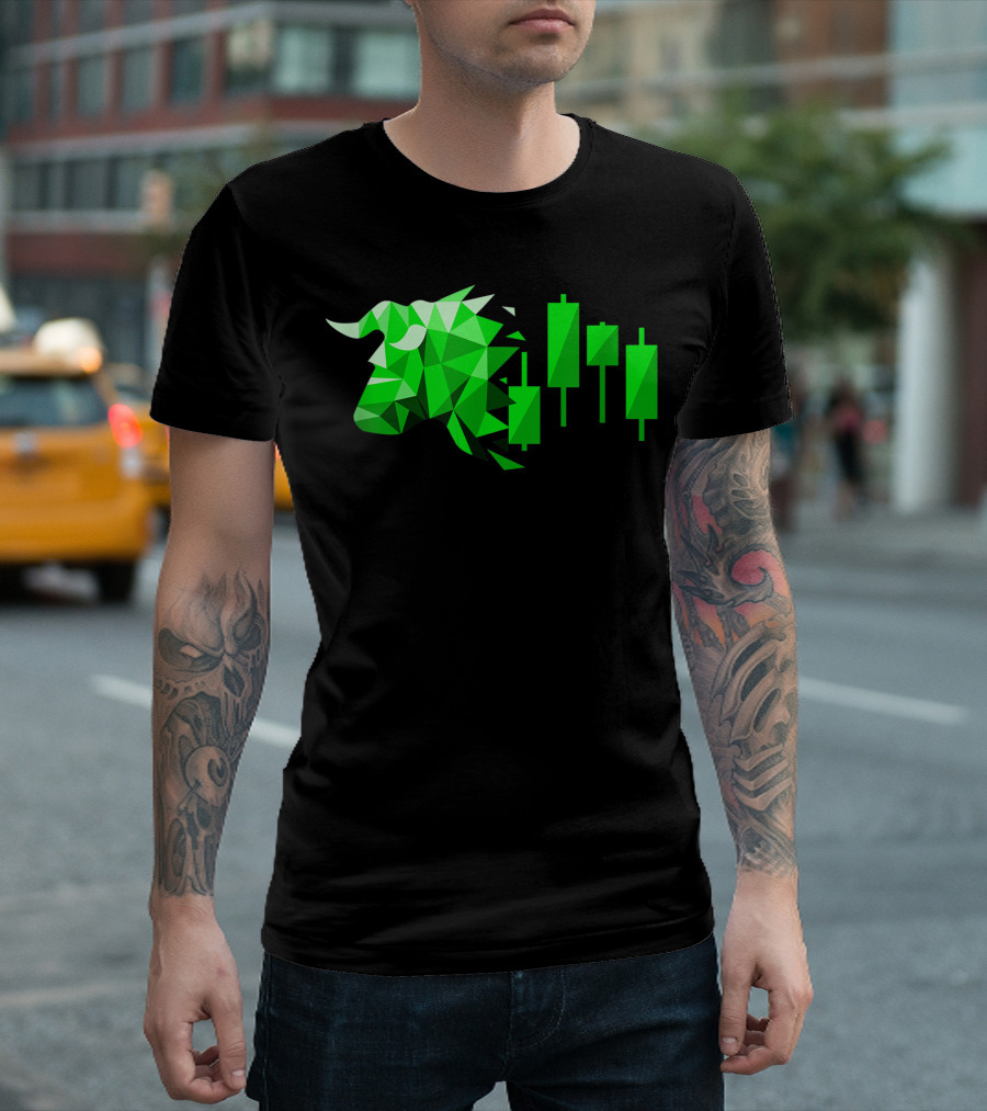 Forex Movement Bull Stock Market Investor Trader Green Geometric Bull And Candlestick Chart T-Shirt