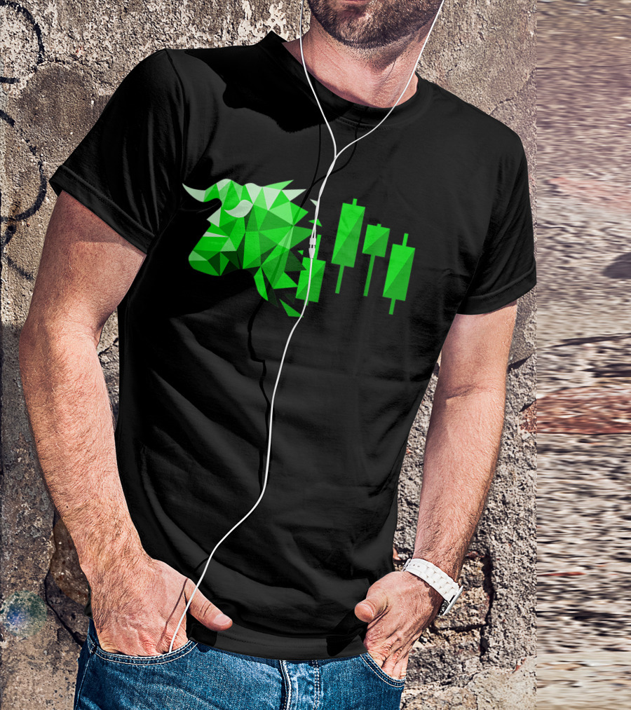 Forex Movement Bull Stock Market Investor Trader Green Geometric Bull And Candlestick Chart T-Shirt