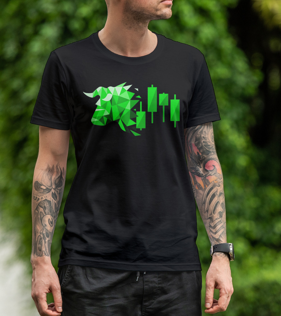 Forex Movement Bull Stock Market Investor Trader Green Geometric Bull And Candlestick Chart T-Shirt