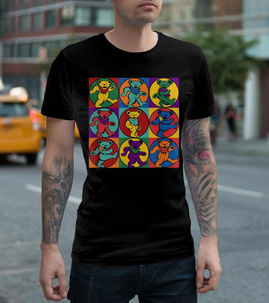 Gd Warhol Dancing Bears Not Fade Away Grateful Tortuga Nine Colorful Squares T-Shirt