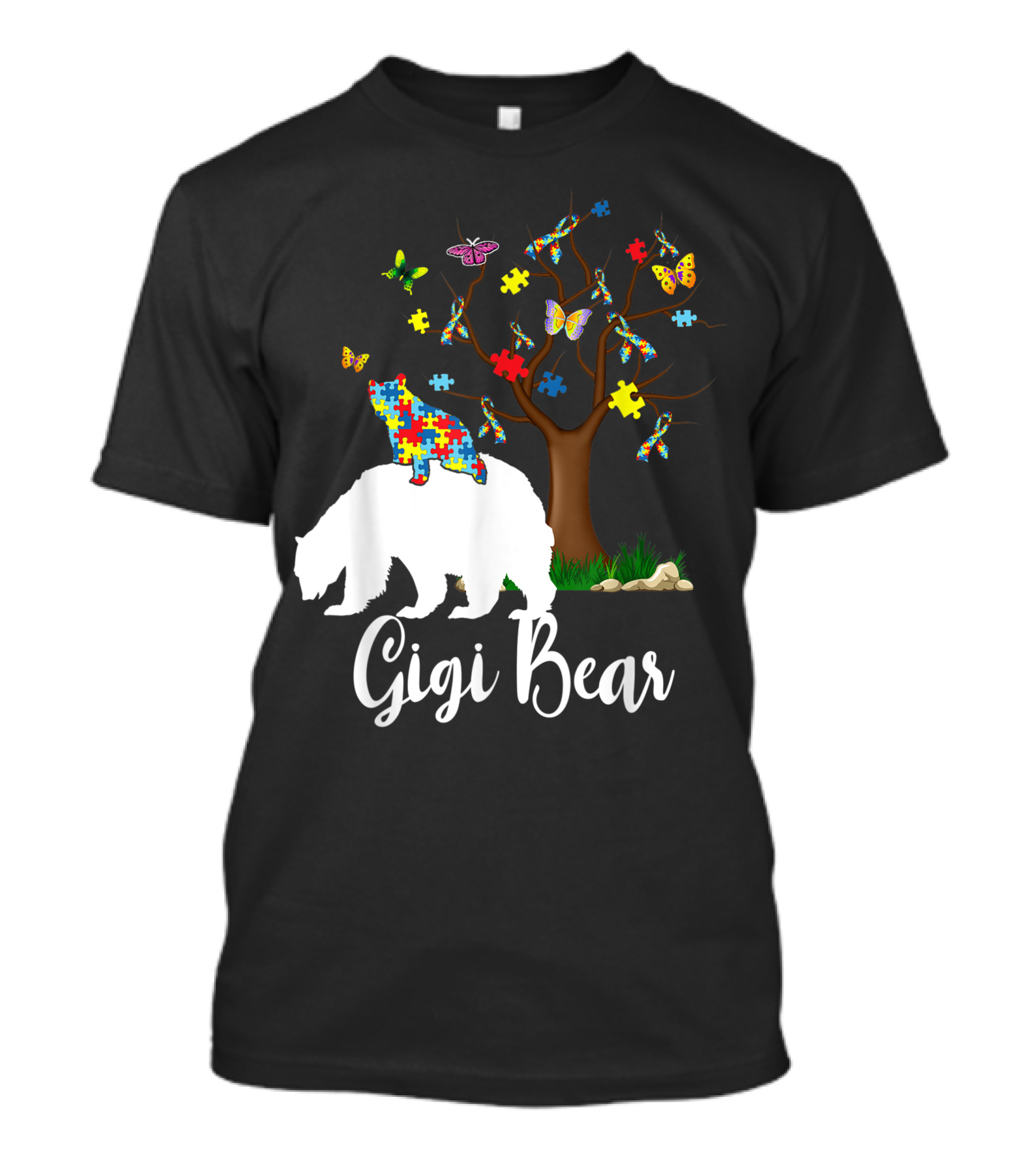 Gigi Bear Autism Awareness Love Support Puzzle Butterflies Tree T-Shirt