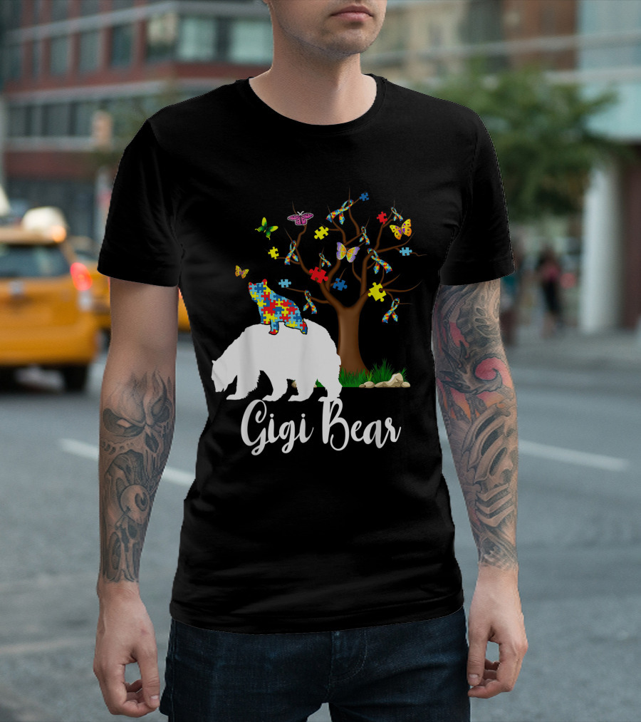 Gigi Bear Autism Awareness Love Support Puzzle Butterflies Tree T-Shirt