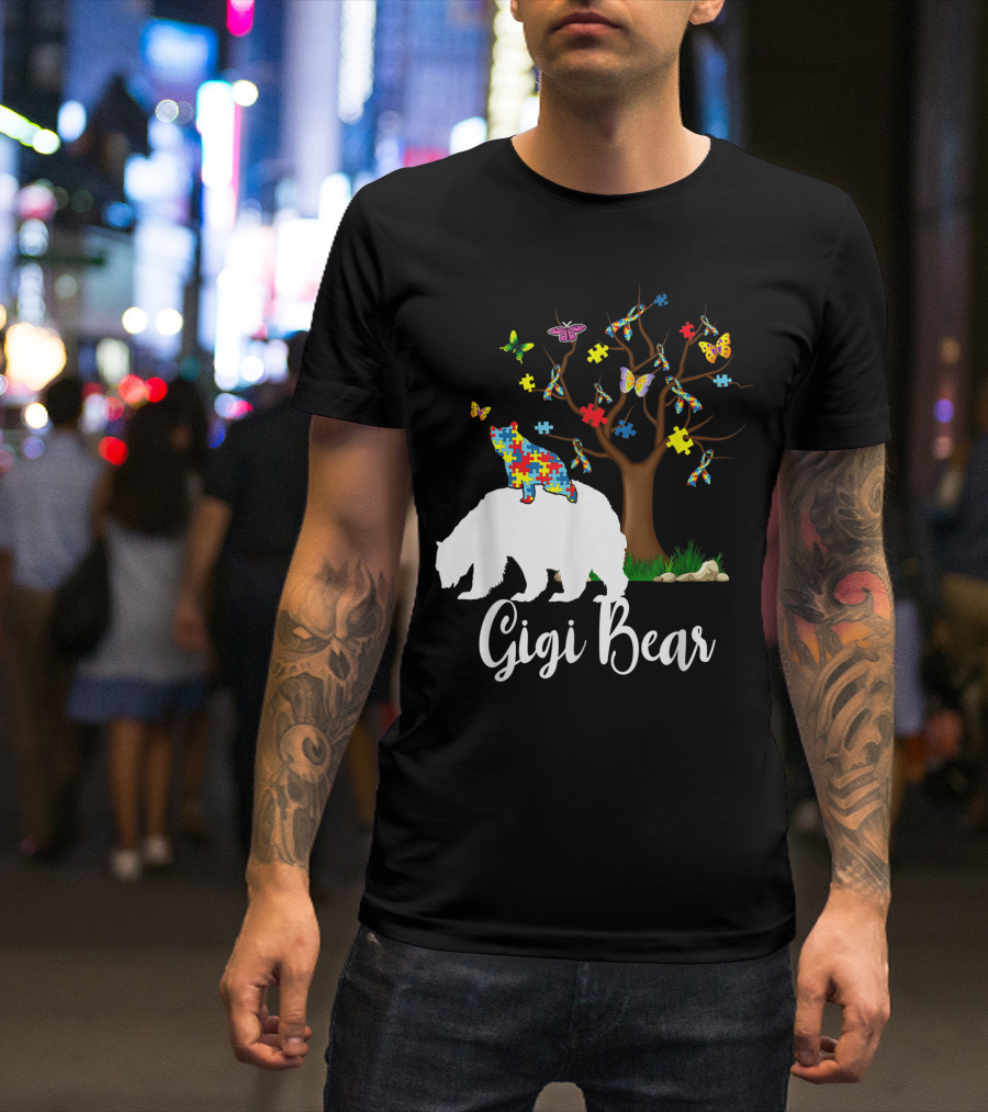 Gigi Bear Autism Awareness Love Support Puzzle Butterflies Tree T-Shirt